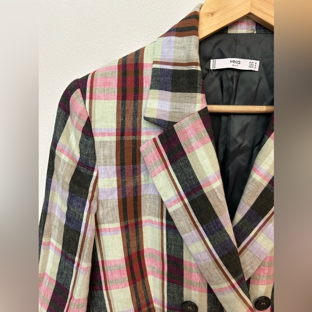 MANGO plaid double breasted linen/cotton blend blazer size S - Picture 7 of 8